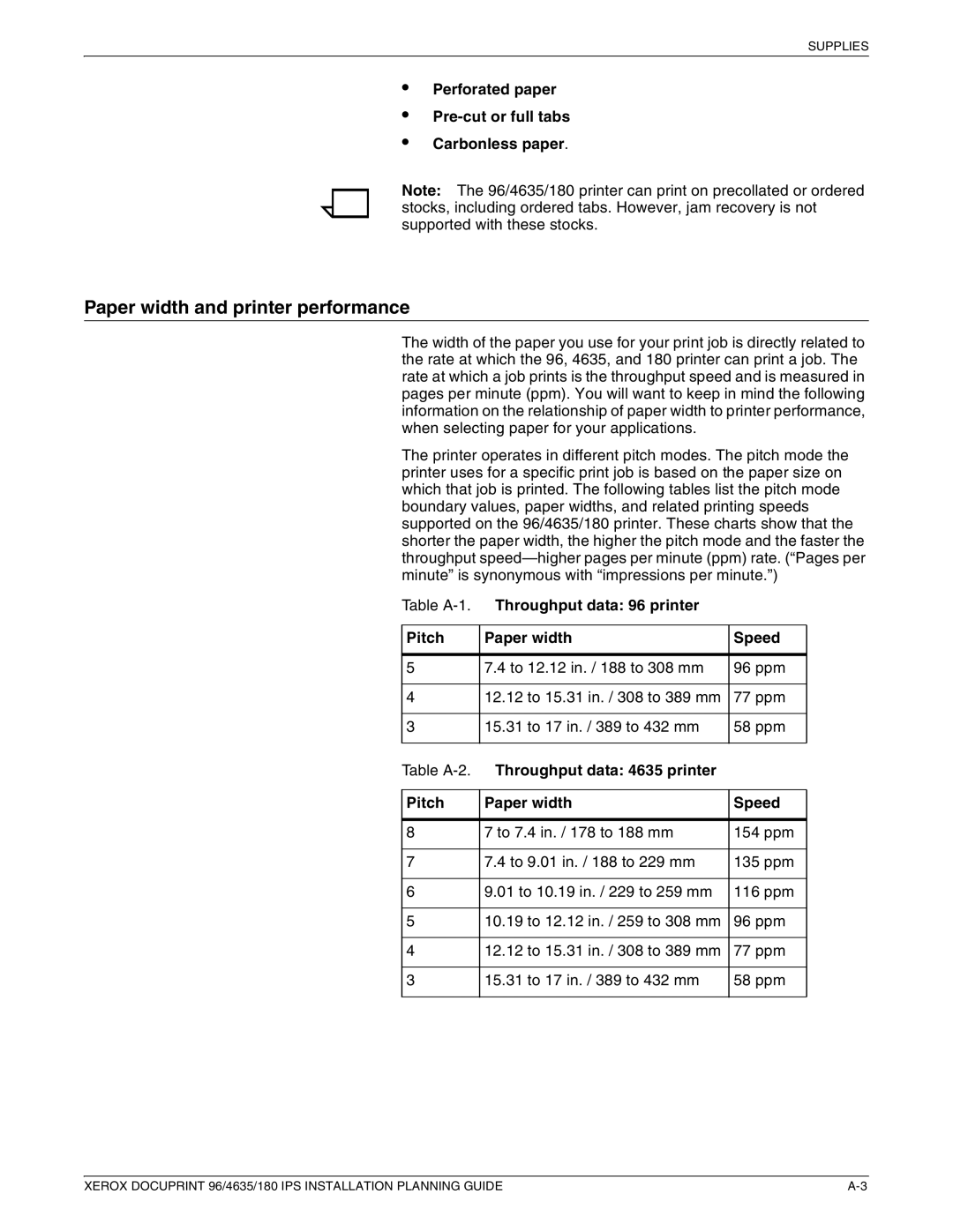 Xerox 180 IPS manual Paper width and printer performance, Perforated paper Pre-cut or full tabs Carbonless paper 