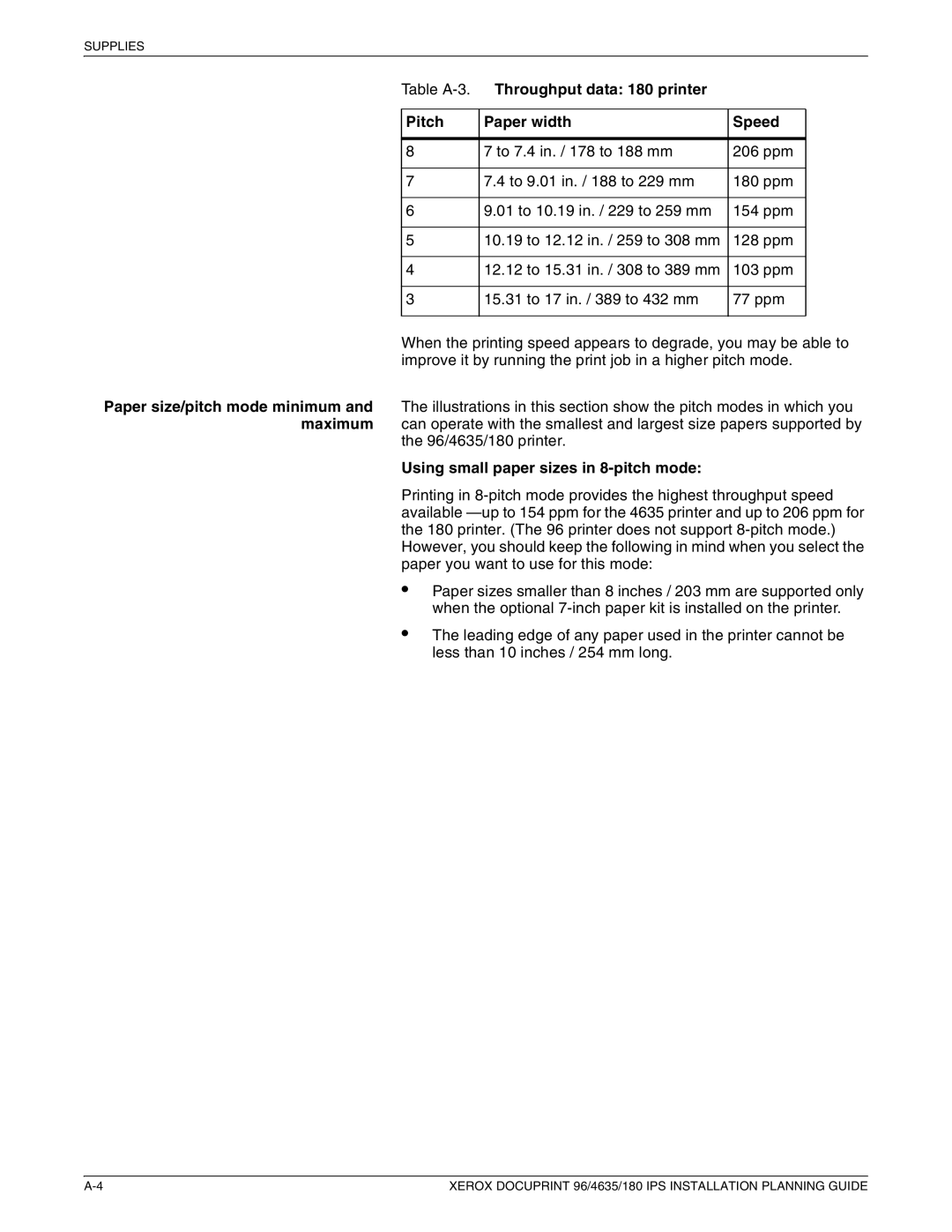 Xerox 180 IPS manual Throughput data 180 printer Pitch Paper width Speed, Using small paper sizes in 8-pitch mode 