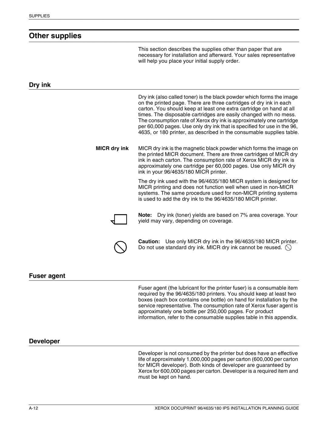 Xerox 180 IPS manual Other supplies, Dry ink, Fuser agent, Developer 