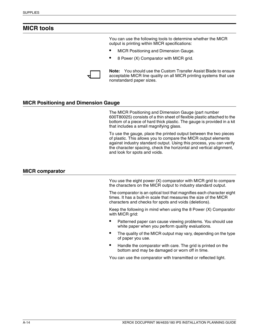 Xerox 180 IPS manual Micr tools, Micr Positioning and Dimension Gauge, Micr comparator 