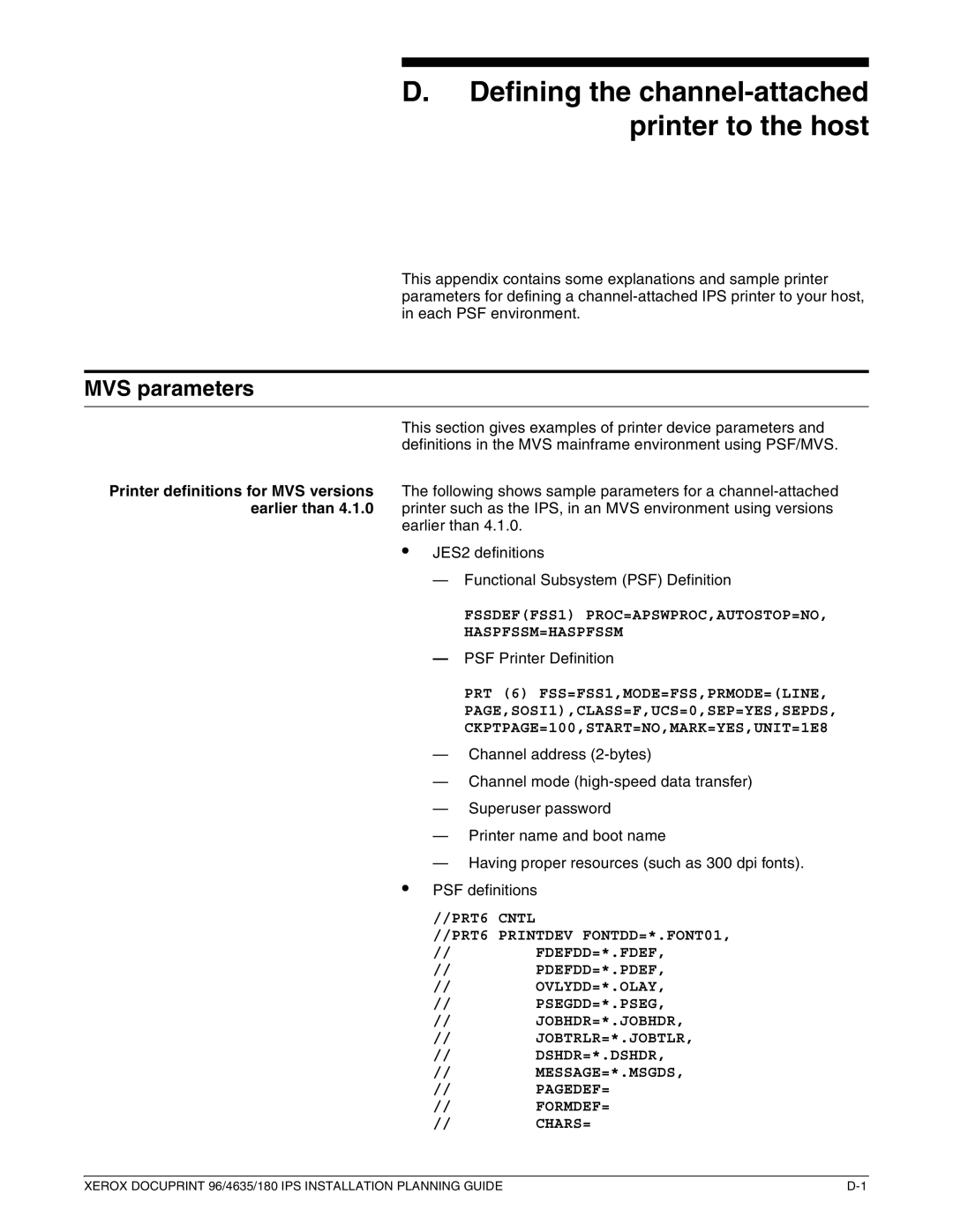 Xerox 180 IPS manual Defining the channel-attached printer to the host, MVS parameters 