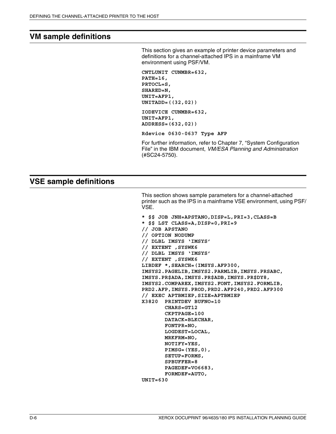 Xerox 180 IPS manual VM sample definitions, VSE sample definitions 