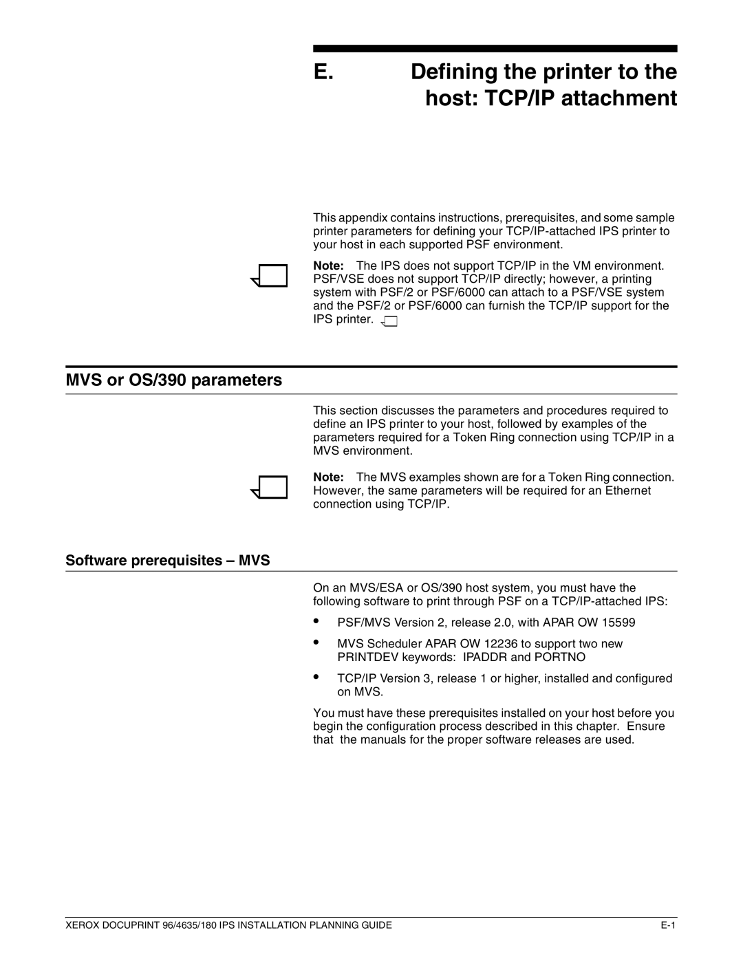 Xerox 180 IPS Defining the printer to the host TCP/IP attachment, MVS or OS/390 parameters, Software prerequisites MVS 