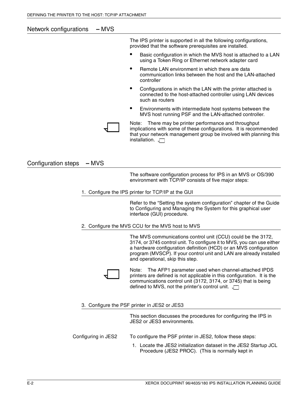 Xerox 180 IPS manual Network configurations MVS, Configuration steps MVS, Configure the IPS printer for TCP/IP at the GUI 