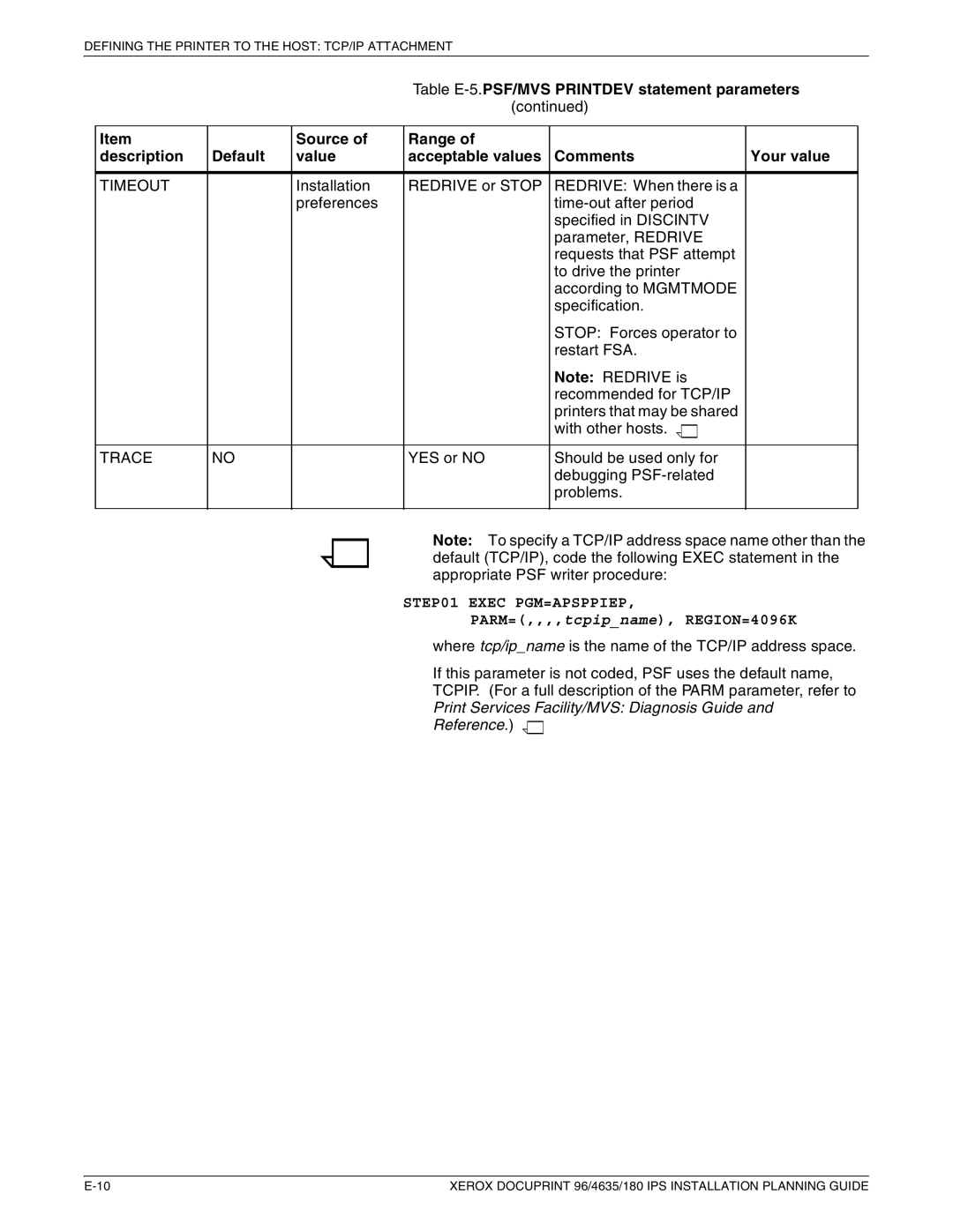 Xerox 180 IPS manual Timeout, Trace 