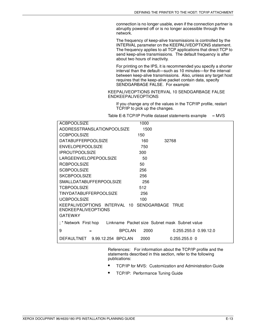 Xerox 180 IPS manual Table E-8.TCP/IP Profile dataset statements example MVS, Defaultnet 