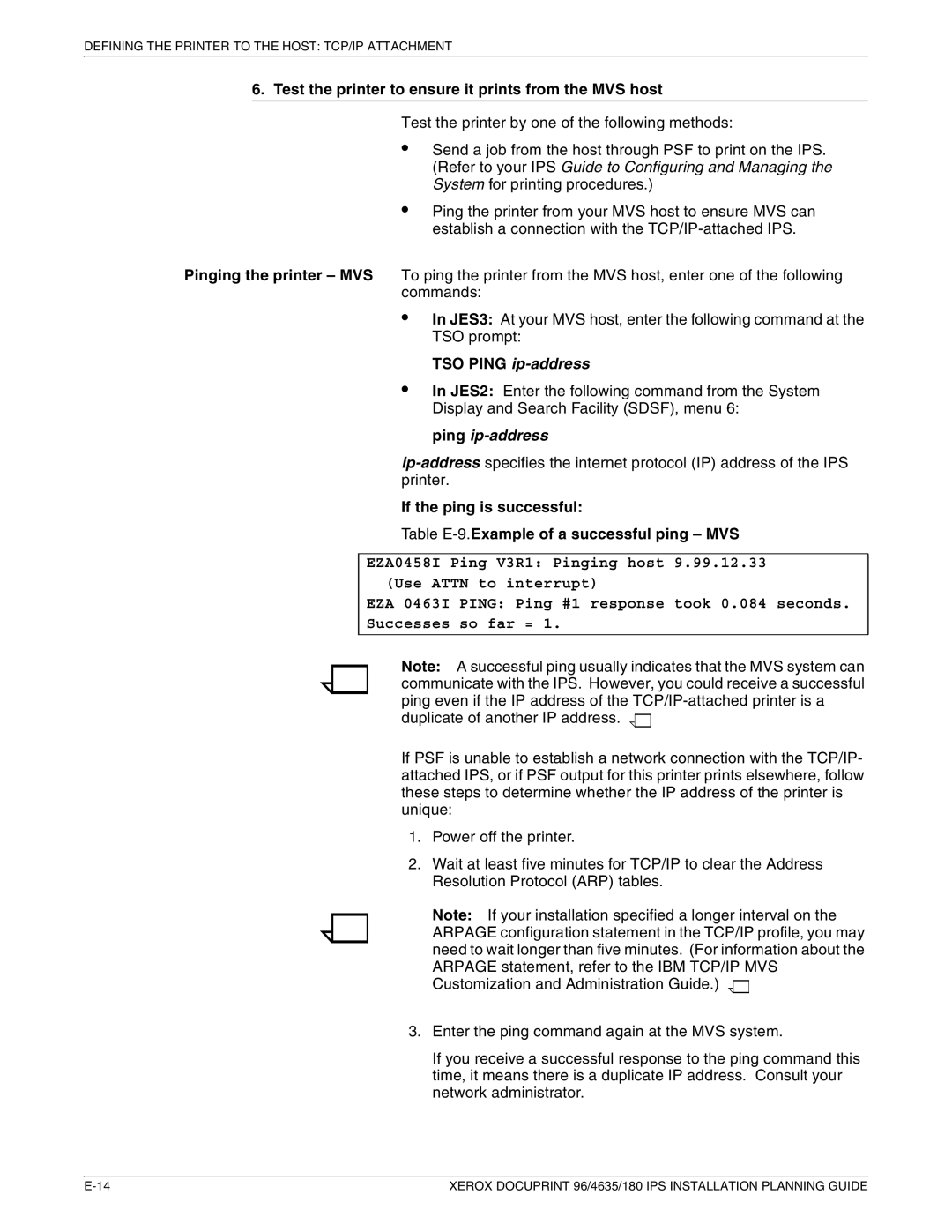 Xerox 180 IPS manual Test the printer to ensure it prints from the MVS host, Ping ip-address 