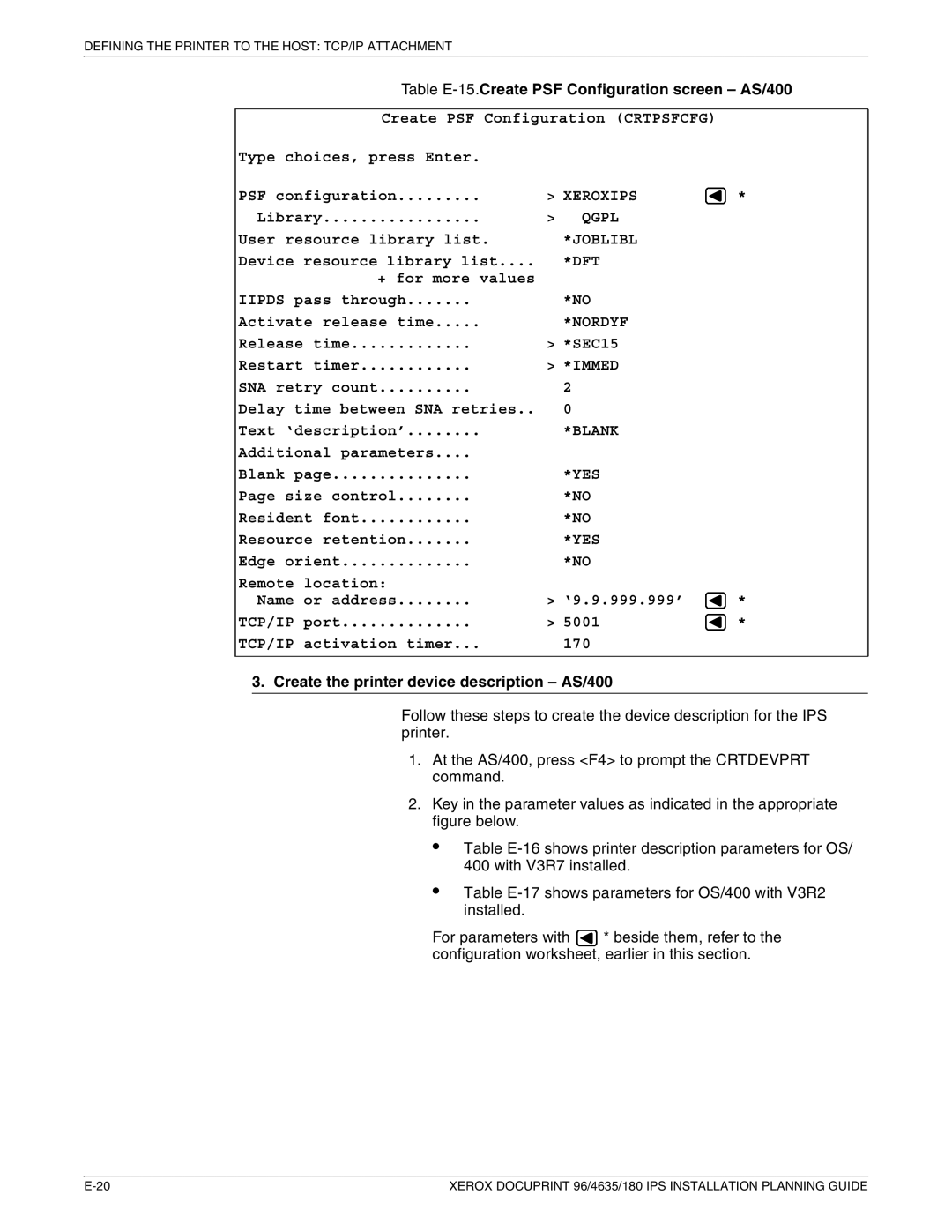 Xerox 180 IPS manual Table E-15.Create PSF Configuration screen AS/400, Create the printer device description AS/400 