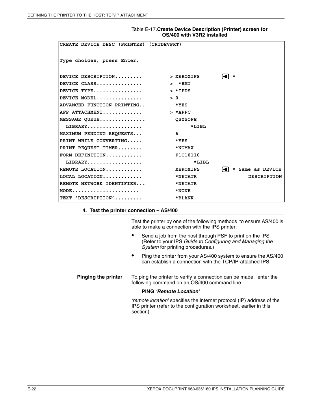 Xerox 180 IPS manual Test the printer connection AS/400, Ping ‘Remote Location’ 