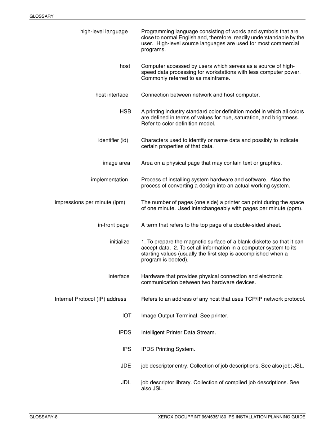 Xerox 180 IPS manual Glossary 