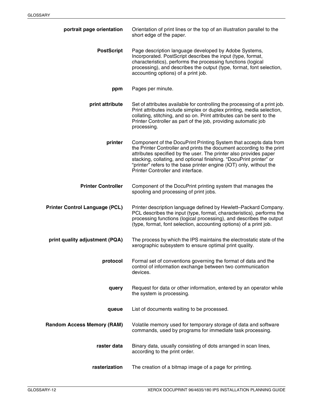 Xerox 180 IPS manual Glossary 