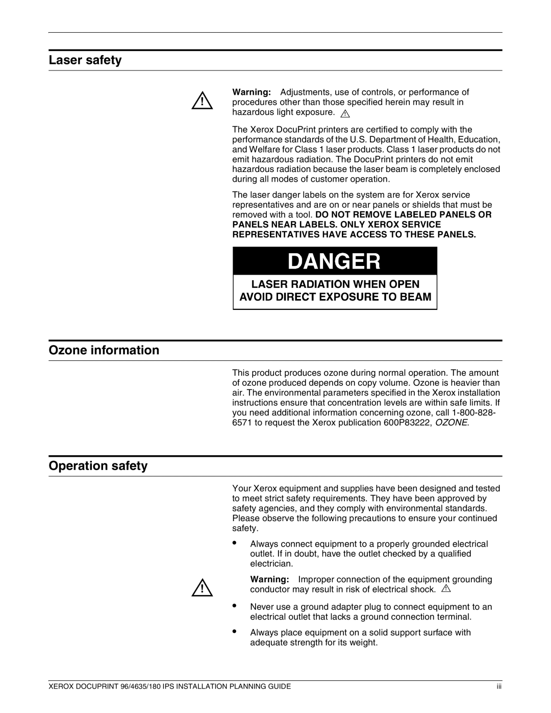 Xerox 180 IPS manual Laser safety, Ozone information, Operation safety 