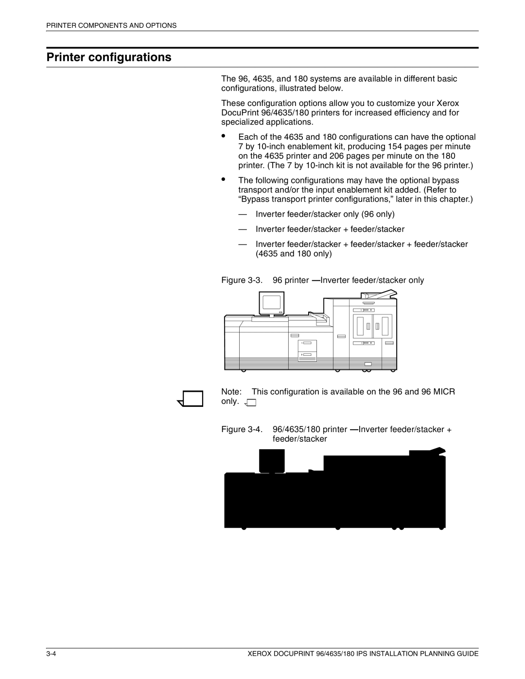 Xerox 180 IPS manual Printer configurations, printer-Inverter feeder/stacker only 