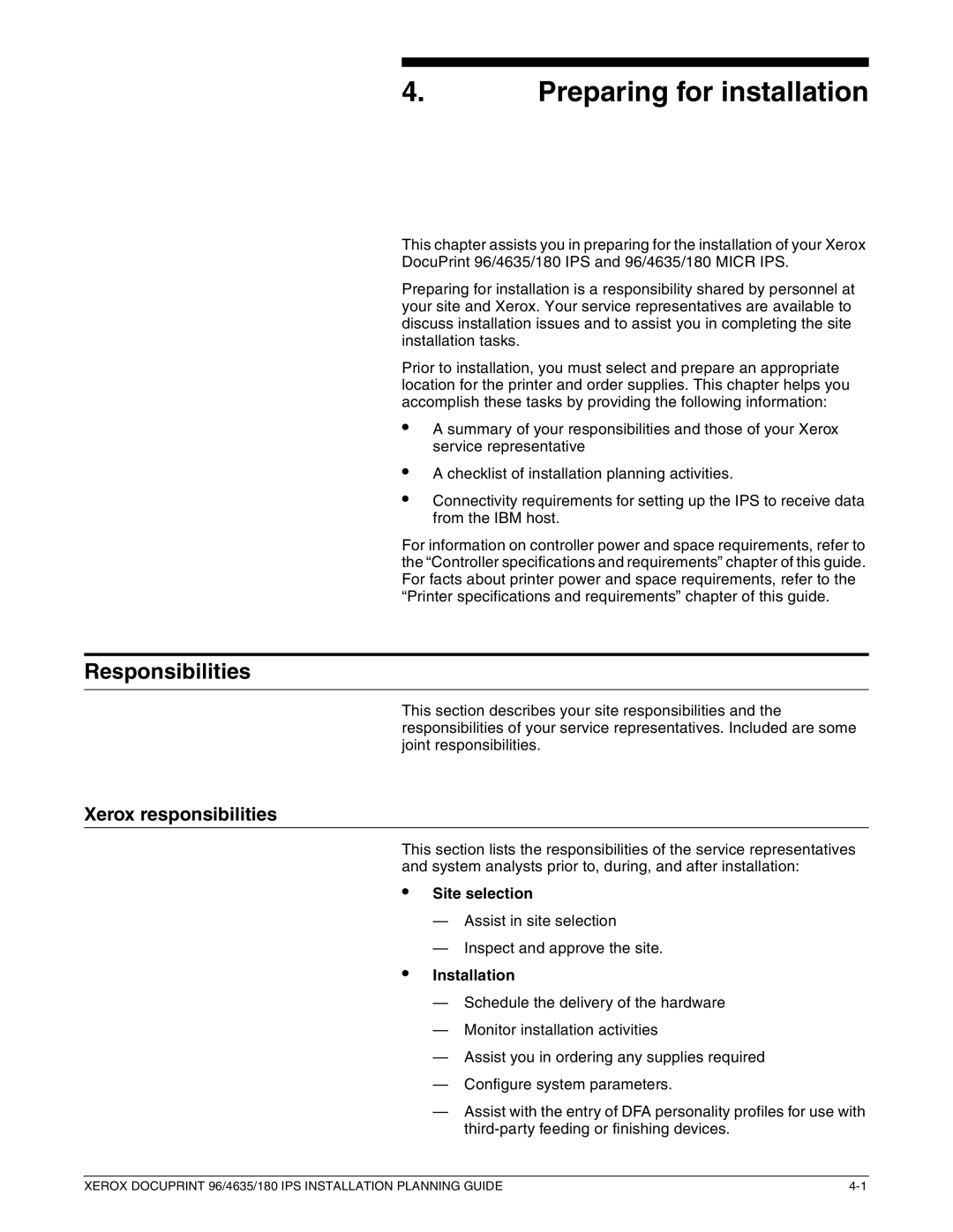 Xerox 180 IPS manual Preparing for installation, Responsibilities, Xerox responsibilities, Site selection, Installation 