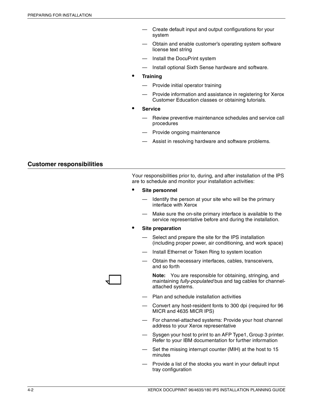 Xerox 180 IPS manual Customer responsibilities, Training, Service, Site personnel, Site preparation 