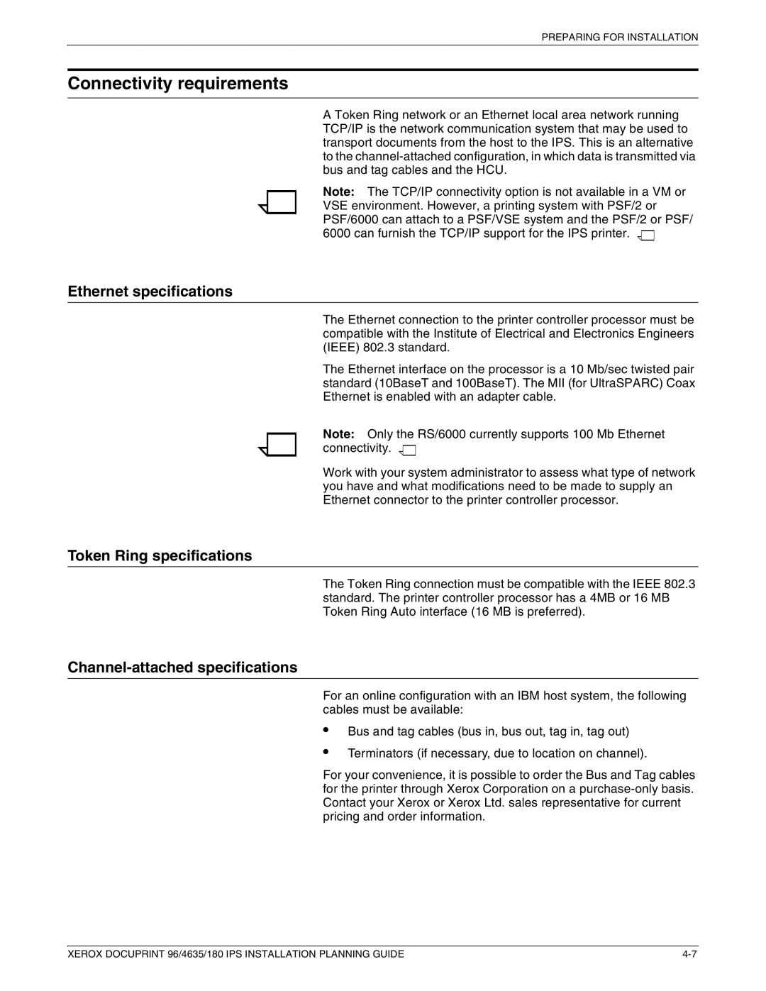 Xerox 180 IPS manual Connectivity requirements, Ethernet specifications, Token Ring specifications 