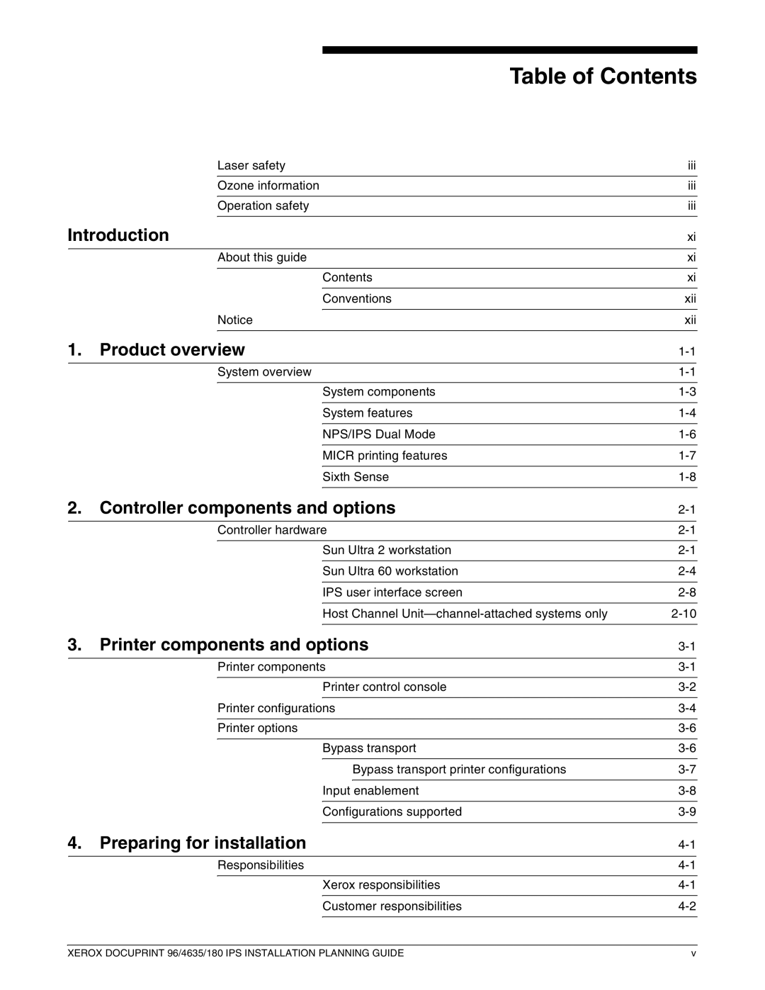 Xerox 180 IPS manual Table of Contents 