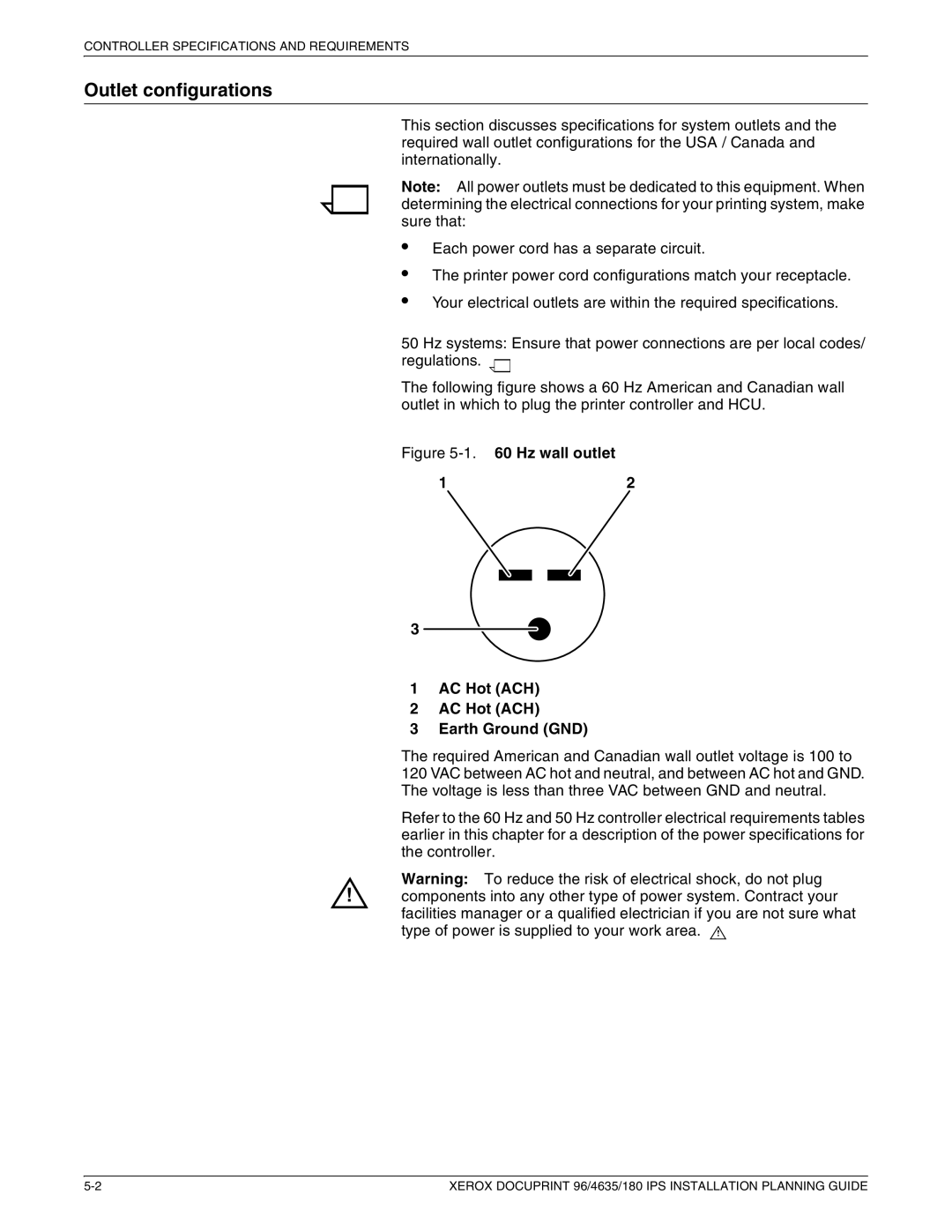 Xerox 180 IPS manual Outlet configurations, Hz wall outlet AC Hot ACH Earth Ground GND 