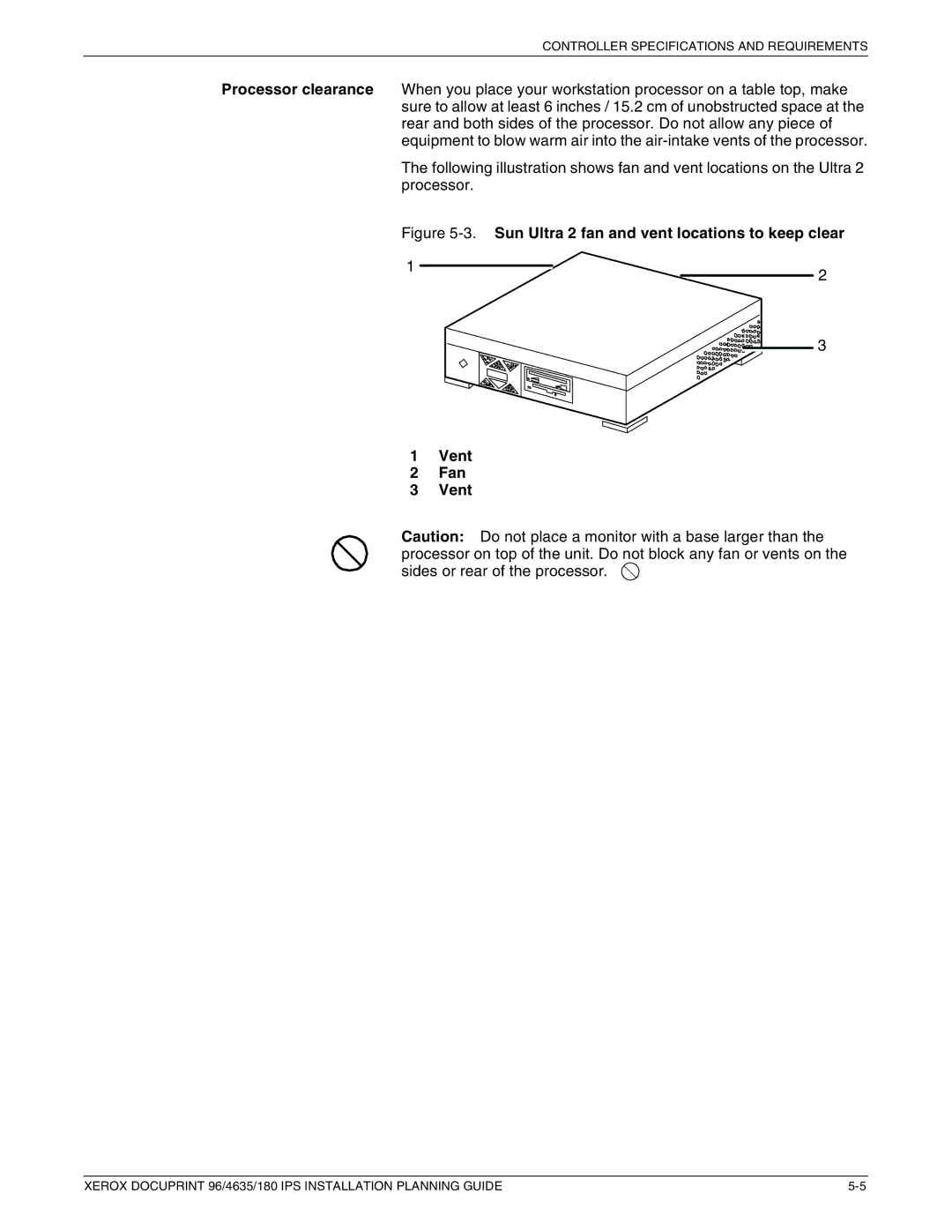 Xerox 180 IPS manual Sun Ultra 2 fan and vent locations to keep clear Vent Fan 