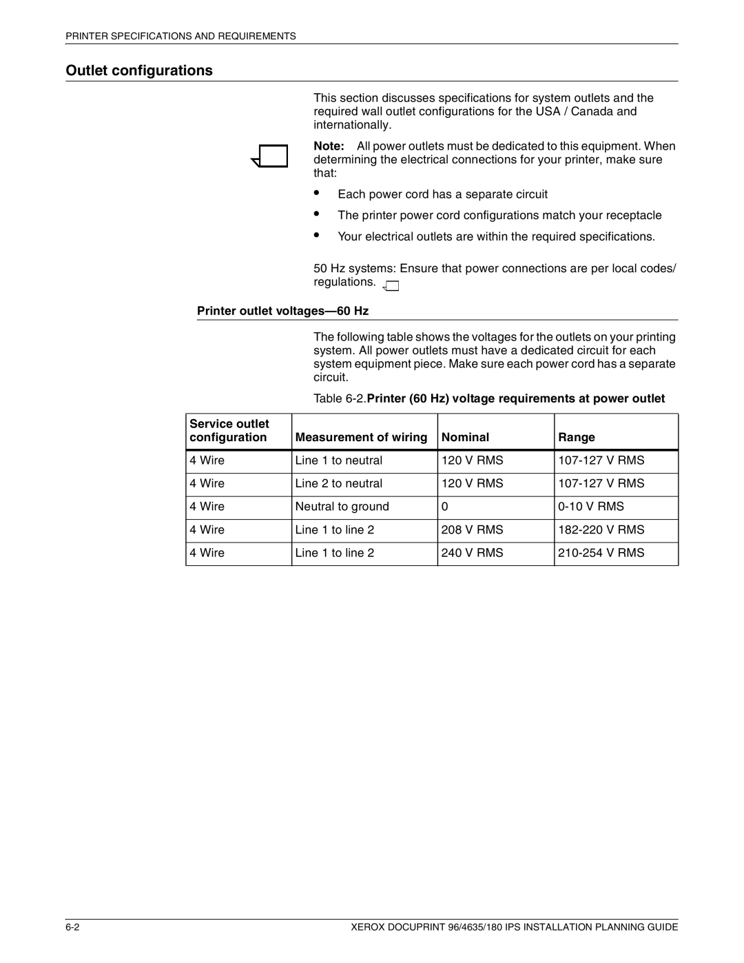 Xerox 180 IPS manual Outlet configurations, Printer outlet voltages-60 Hz 