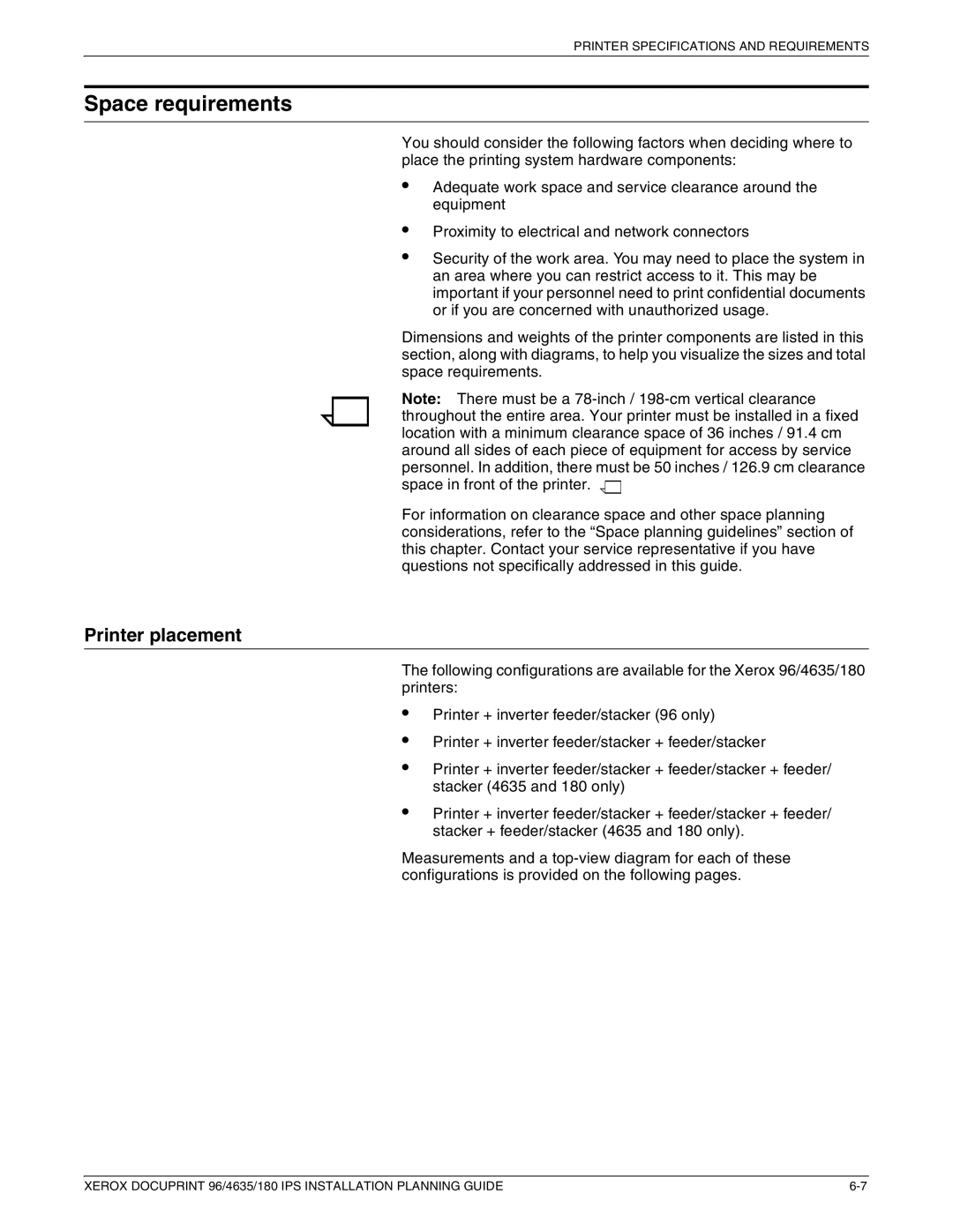 Xerox 180 IPS manual Space requirements, Printer placement 