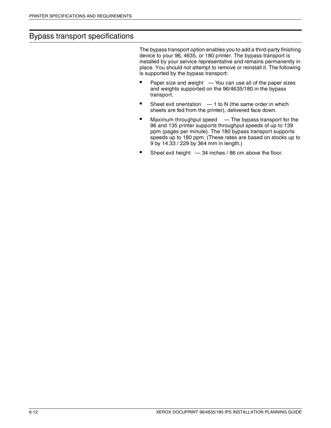 Xerox 180 IPS manual Bypass transport specifications 