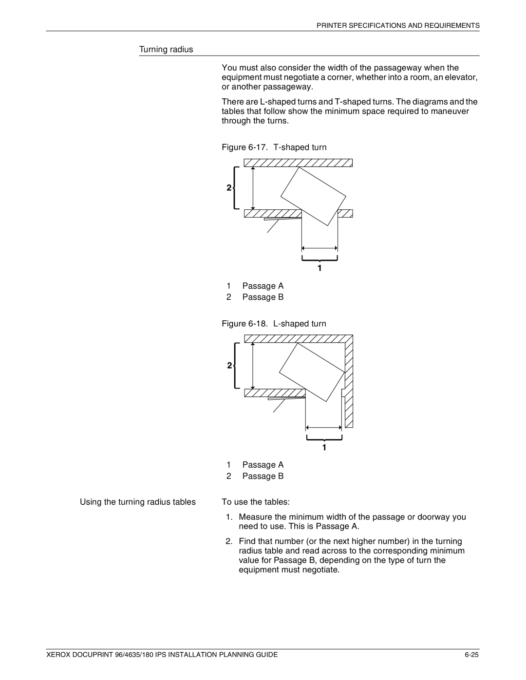 Xerox 180 IPS manual Turning radius, Passage a Passage B 