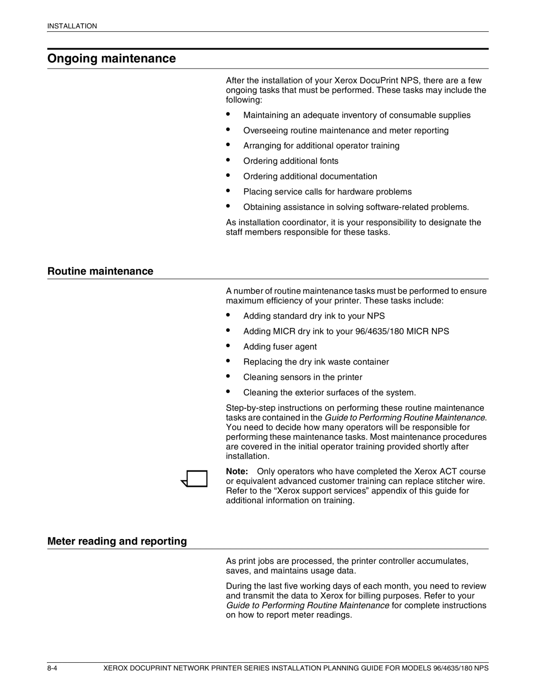 Xerox 180 NPS manual Ongoing maintenance, Routine maintenance, Meter reading and reporting 