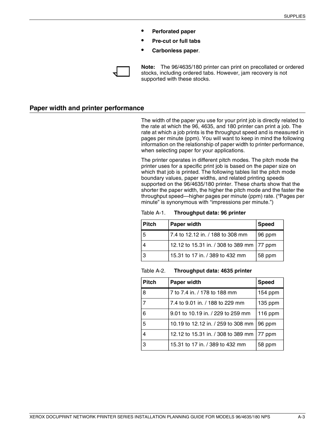 Xerox 180 NPS manual Paper width and printer performance, Perforated paper Pre-cut or full tabs Carbonless paper 