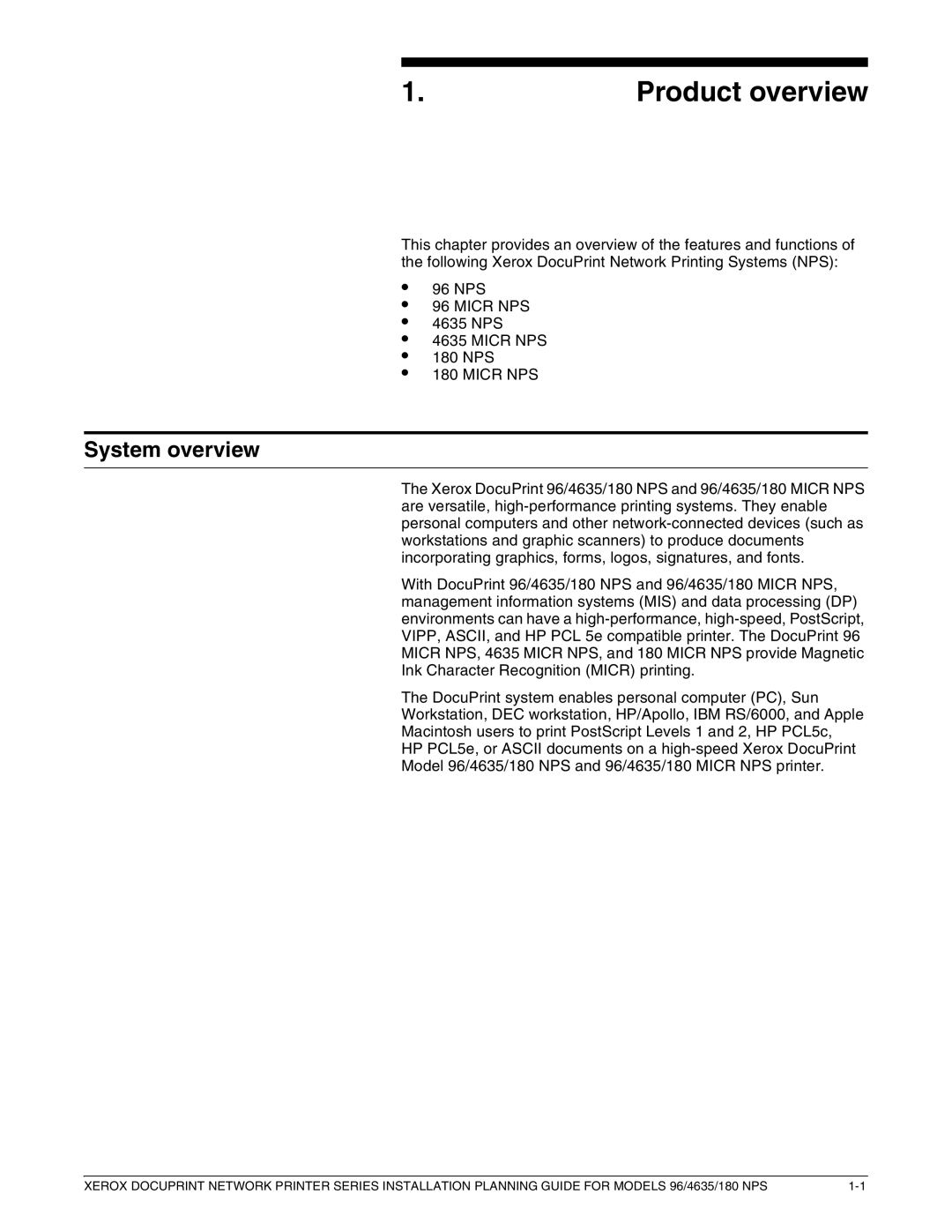 Xerox 180 NPS manual Product overview, System overview 