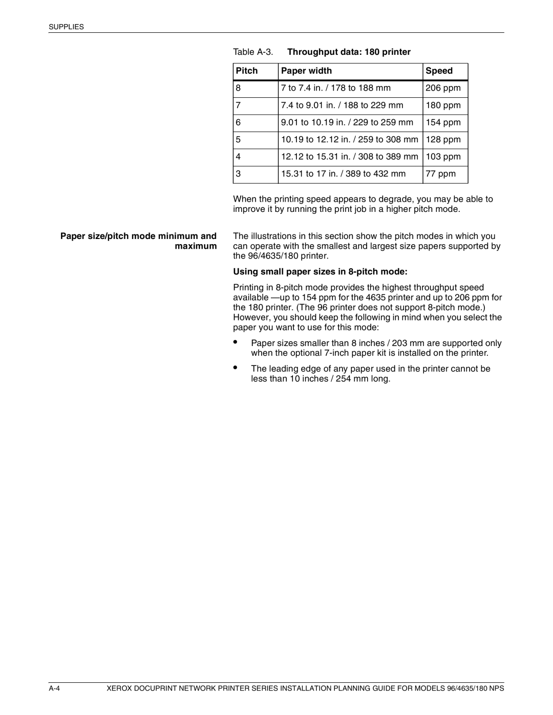 Xerox 180 NPS manual Throughput data 180 printer Pitch Paper width Speed, Using small paper sizes in 8-pitch mode 