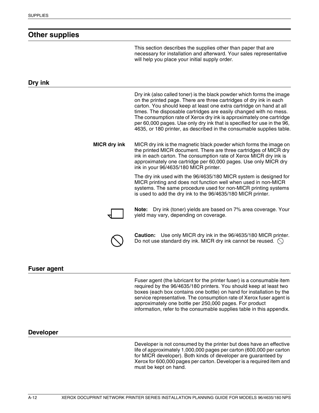 Xerox 180 NPS manual Other supplies, Dry ink, Fuser agent, Developer 