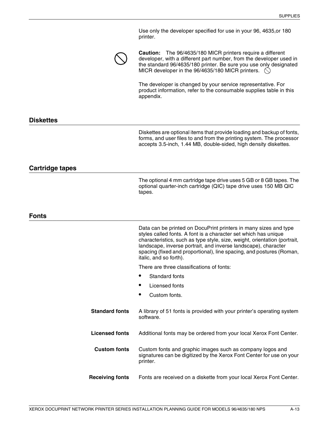 Xerox 180 NPS manual Diskettes, Cartridge tapes, Fonts 