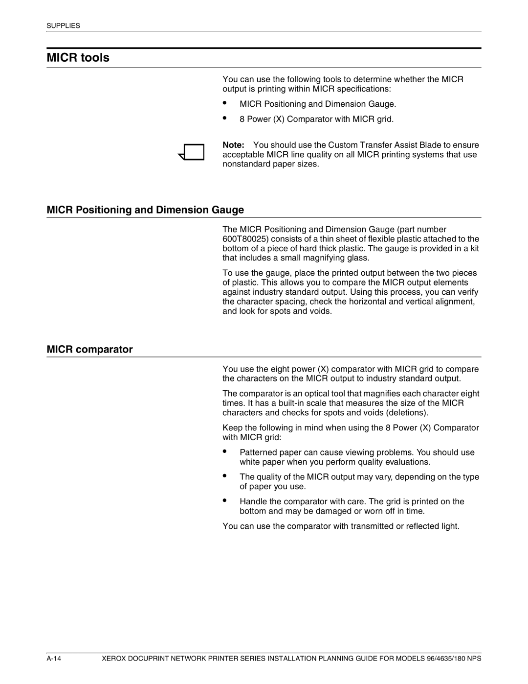 Xerox 180 NPS manual Micr tools, Micr Positioning and Dimension Gauge, Micr comparator 