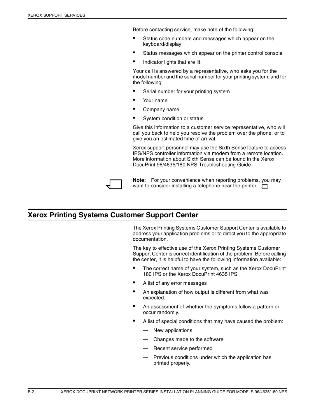 Xerox 180 NPS manual Xerox Printing Systems Customer Support Center 