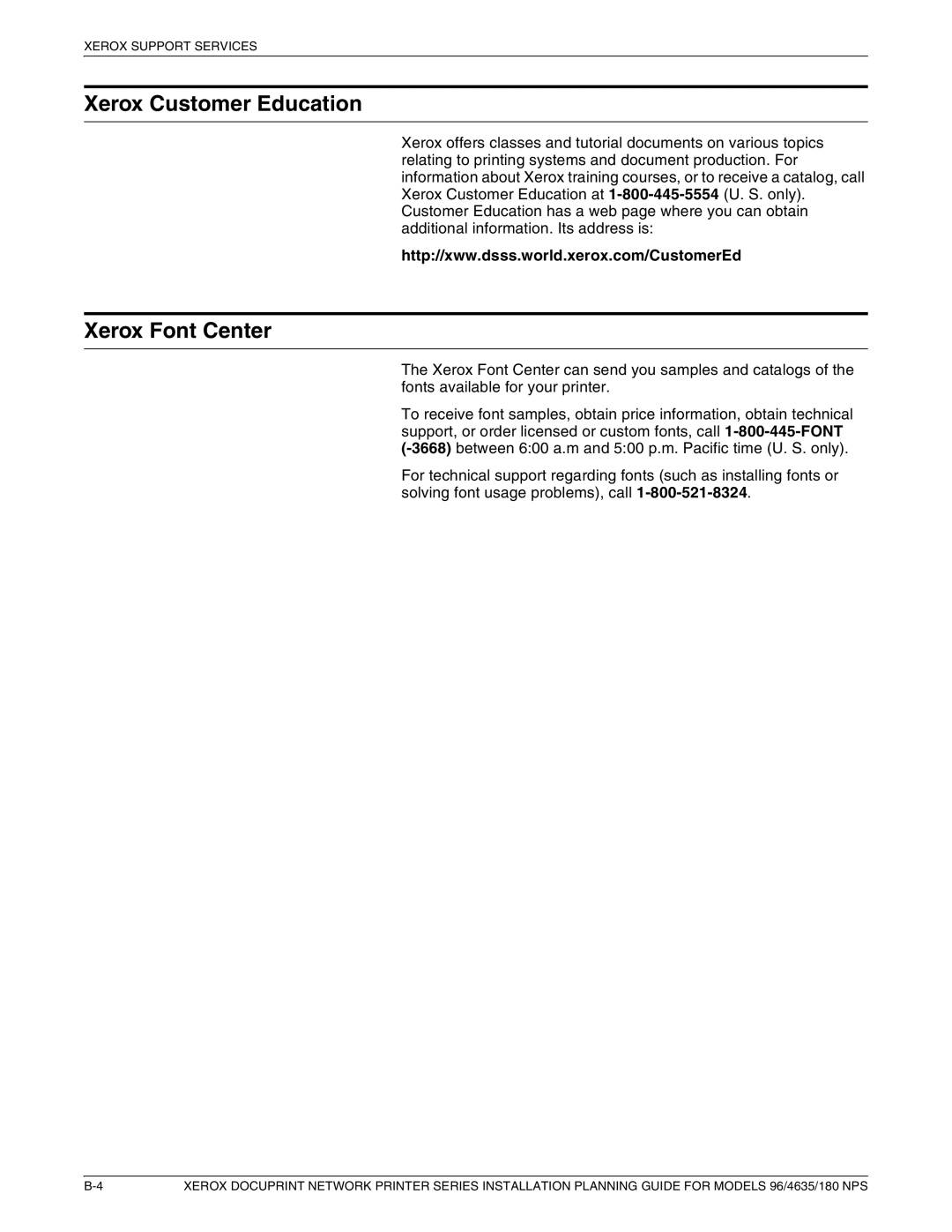 Xerox 180 NPS manual Xerox Customer Education, Xerox Font Center 