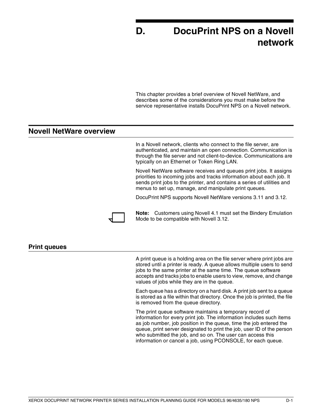 Xerox 180 NPS manual DocuPrint NPS on a Novell network, Novell NetWare overview, Print queues 