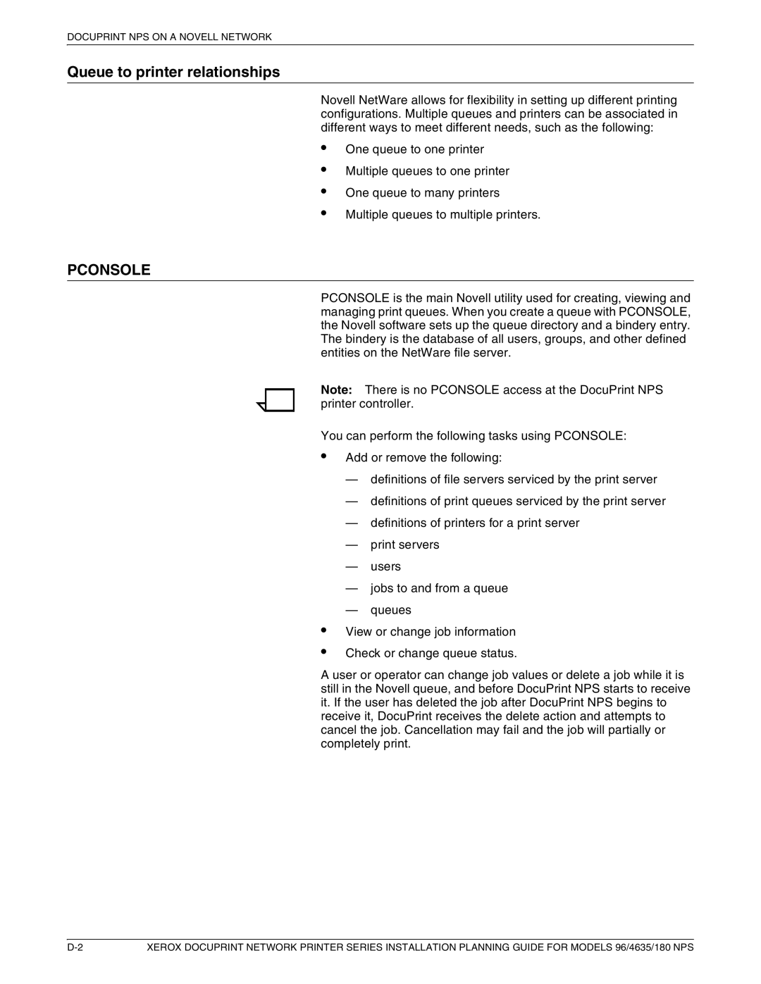 Xerox 180 NPS manual Queue to printer relationships, Pconsole 