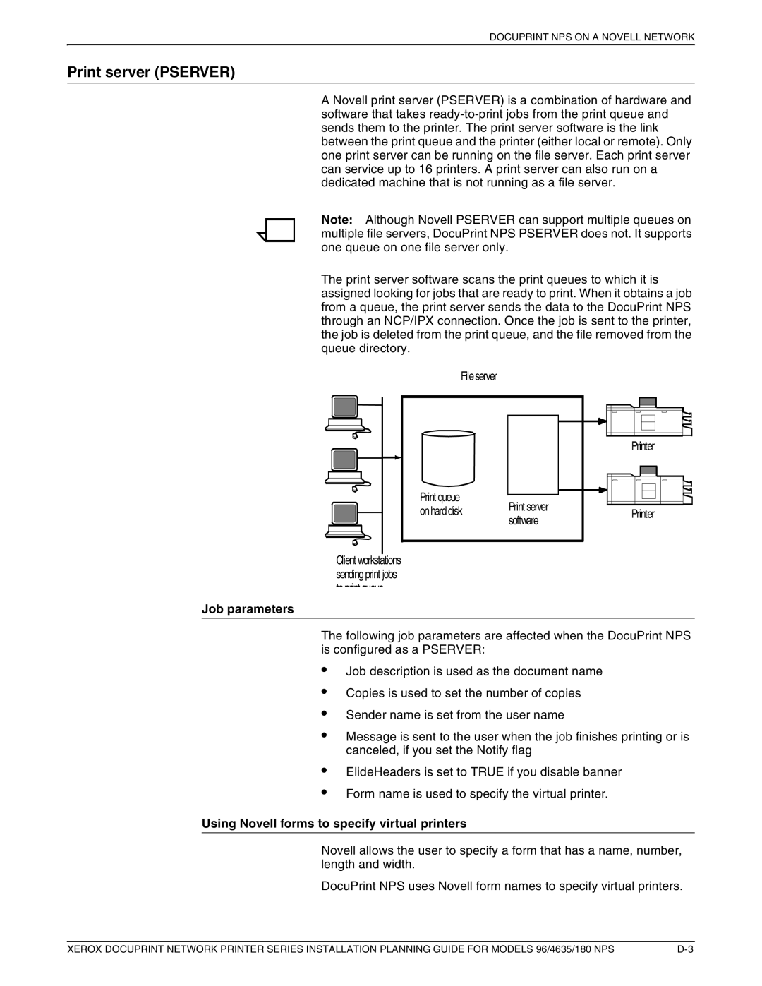 Xerox 180 NPS manual Print server Pserver, Job parameters, Using Novell forms to specify virtual printers 