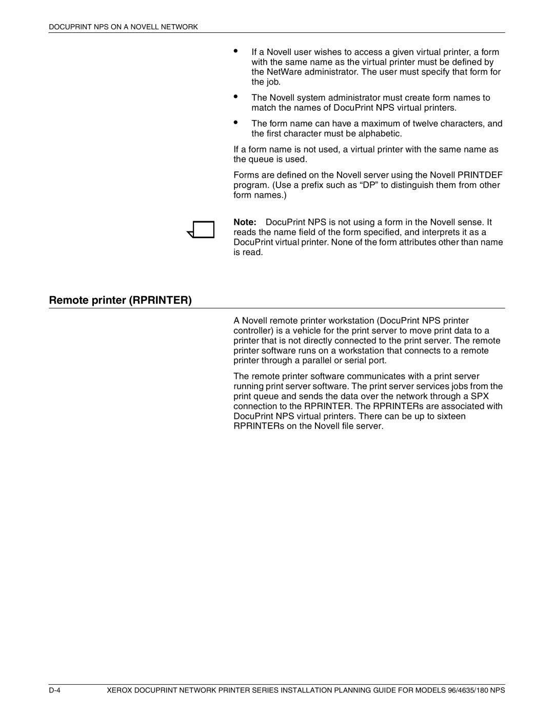 Xerox 180 NPS manual Remote printer Rprinter 