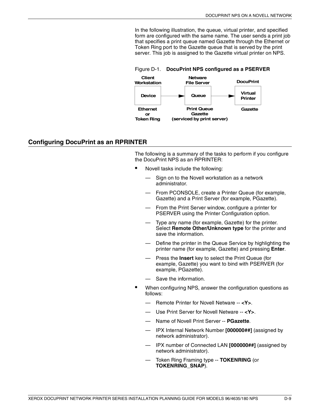 Xerox 180 NPS manual Configuring DocuPrint as an Rprinter, Figure D-1.DocuPrint NPS configured as a Pserver 