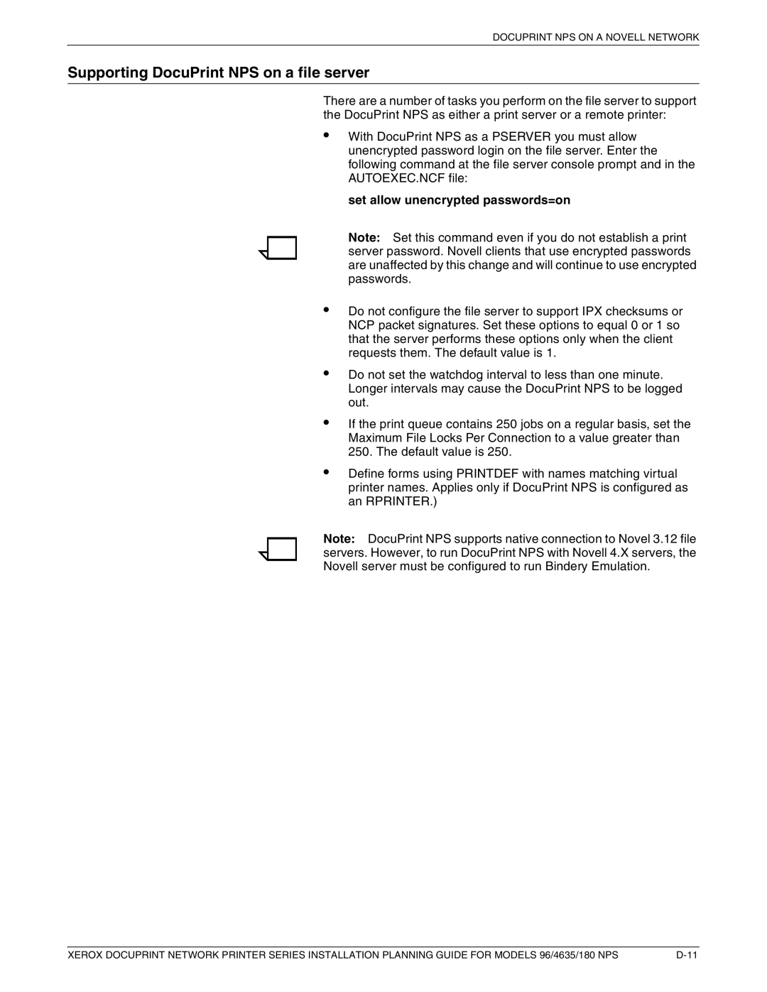 Xerox 180 NPS manual Supporting DocuPrint NPS on a file server, Set allow unencrypted passwords=on 