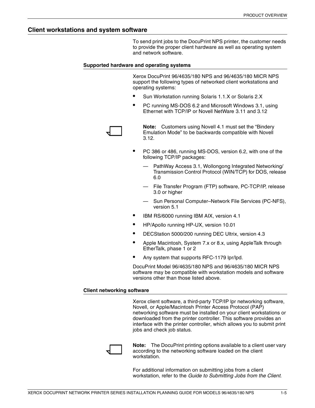 Xerox 180 NPS manual Client workstations and system software, Supported hardware and operating systems 