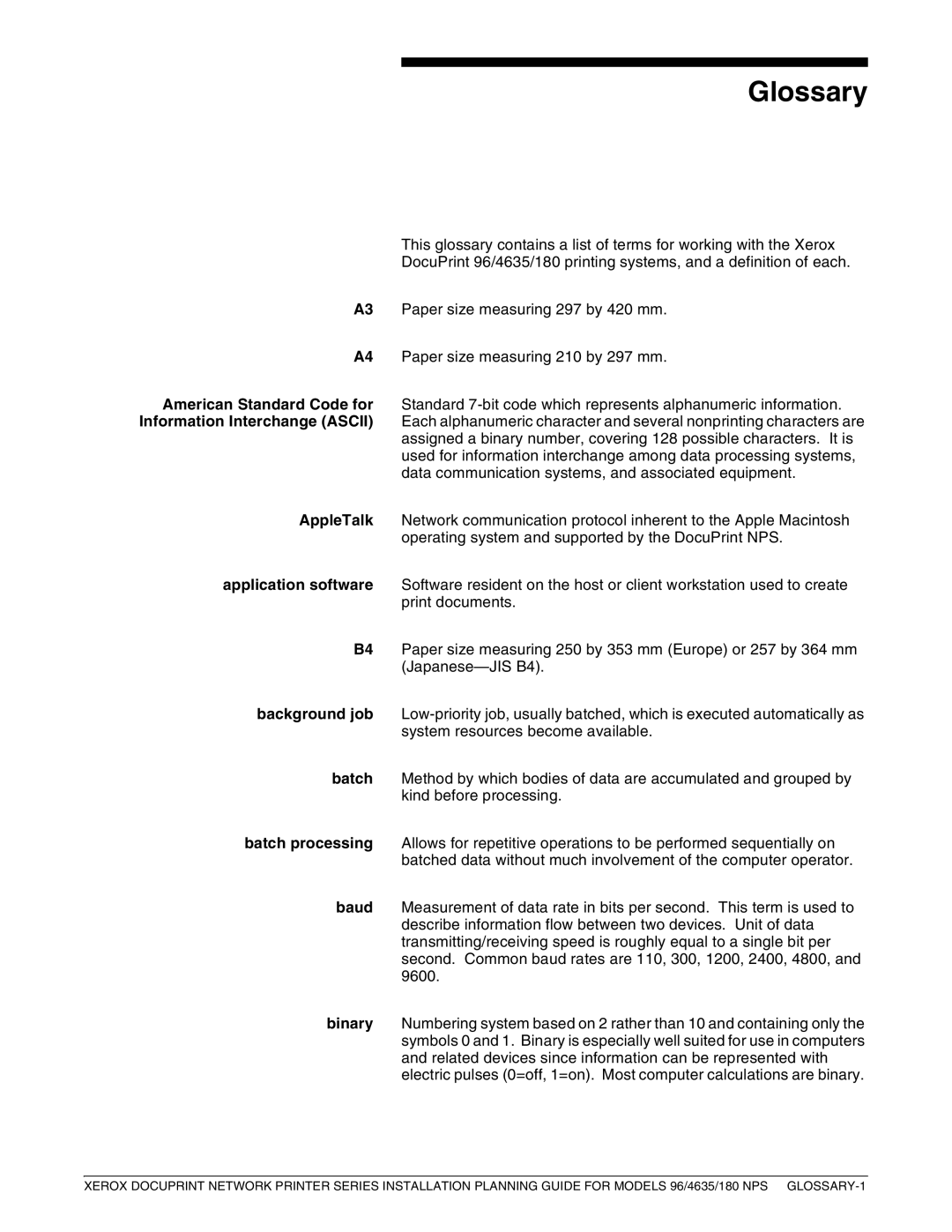 Xerox 180 NPS manual Glossary 