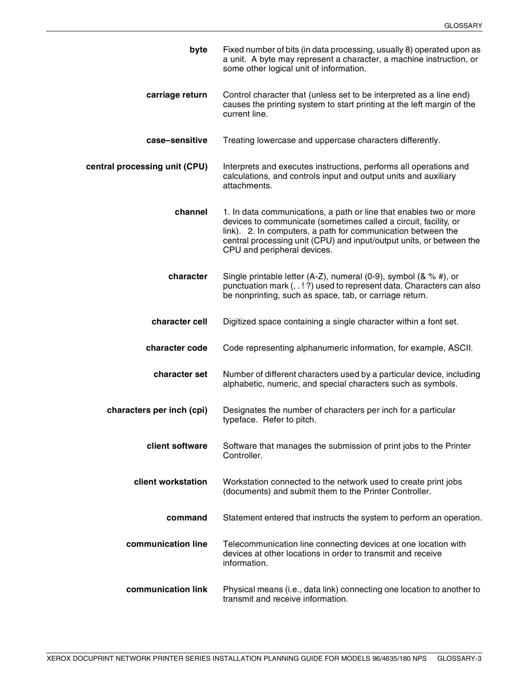 Xerox 180 NPS manual Glossary 