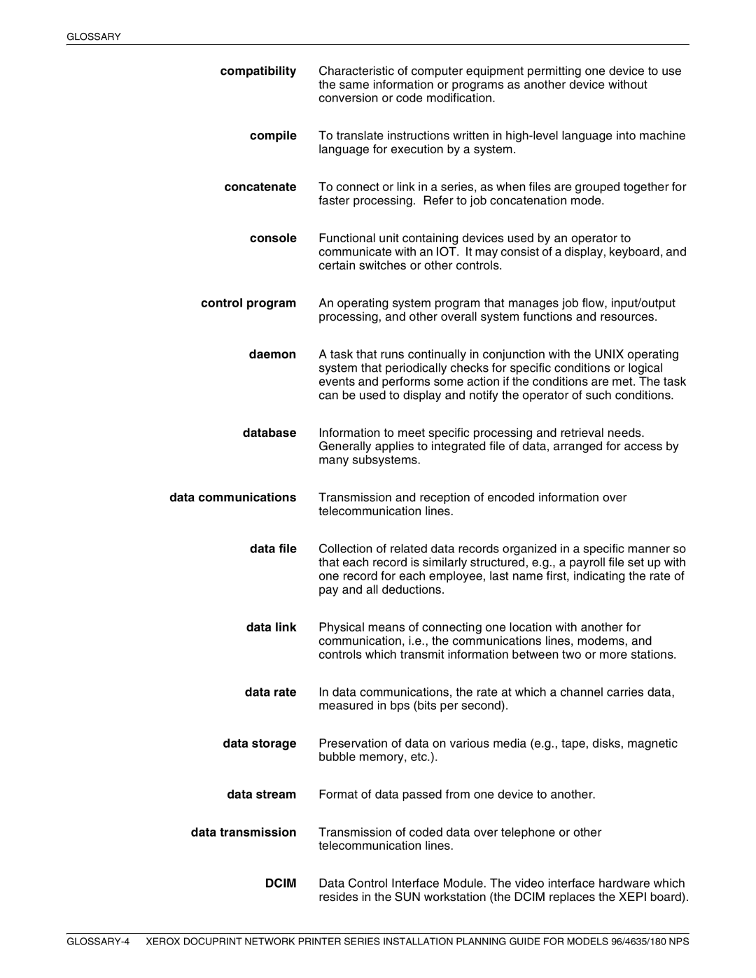 Xerox 180 NPS manual Glossary 