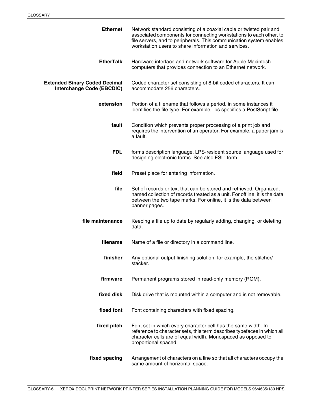 Xerox 180 NPS manual Glossary 