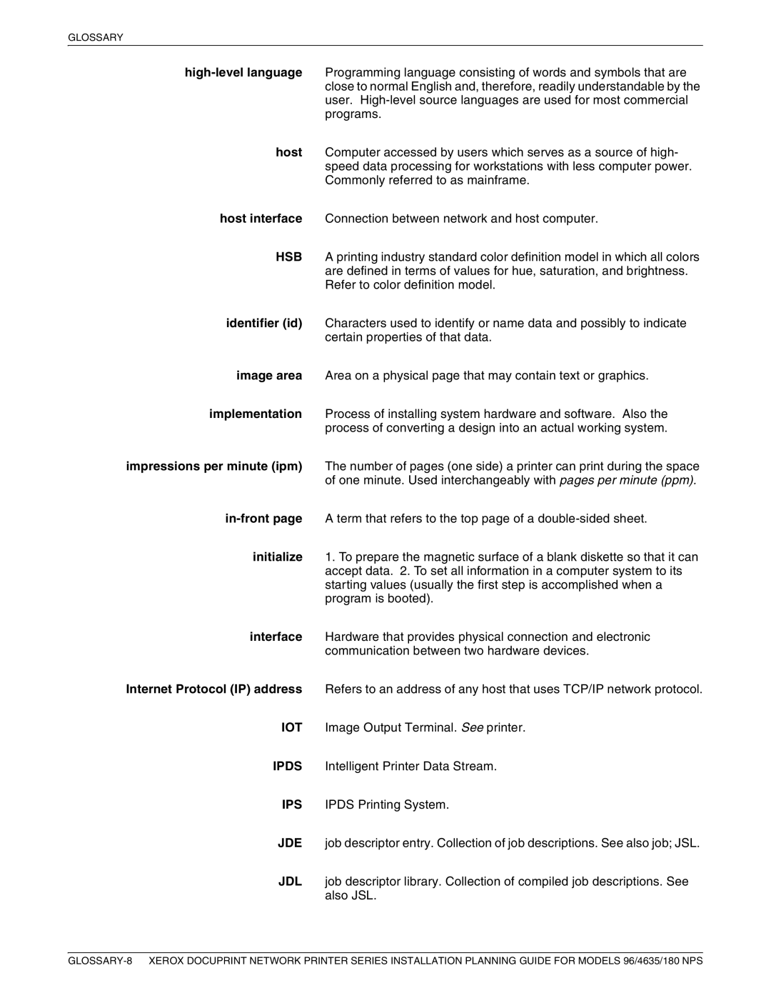 Xerox 180 NPS manual Glossary 