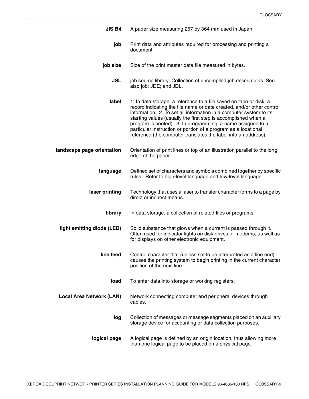 Xerox 180 NPS manual Glossary 