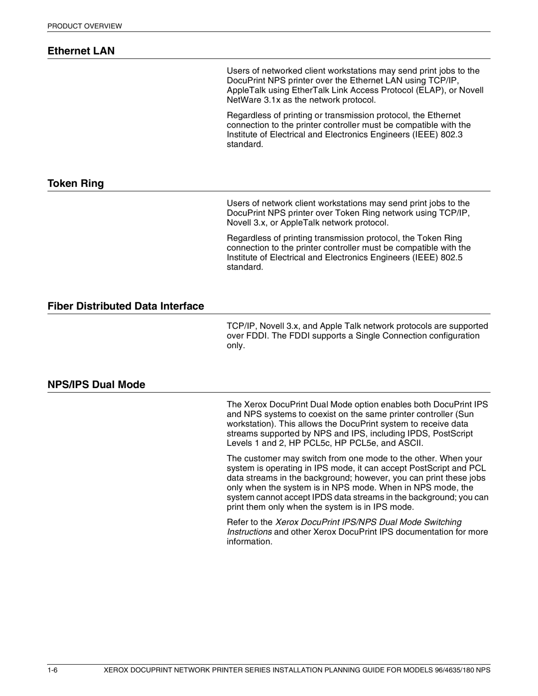 Xerox 180 NPS manual Ethernet LAN, Token Ring, Fiber Distributed Data Interface, NPS/IPS Dual Mode 